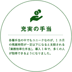 充実の手当 各種手当の中でもユニークなのが、1カ月の残業時間が一定以下になると支給される「業務効率化手当」。導入1年で、多くの人が取得できるようになりました。