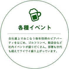 各種イベント 自社屋上でおこなう毎年恒例のビアパーティをはじめ、ゴルフコンペ、歓迎会など社内イベントが盛りだくさん。部署も世代も超えてワイワイ盛り上がっています。